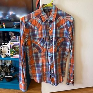 Salt valley western button up, orange and blue